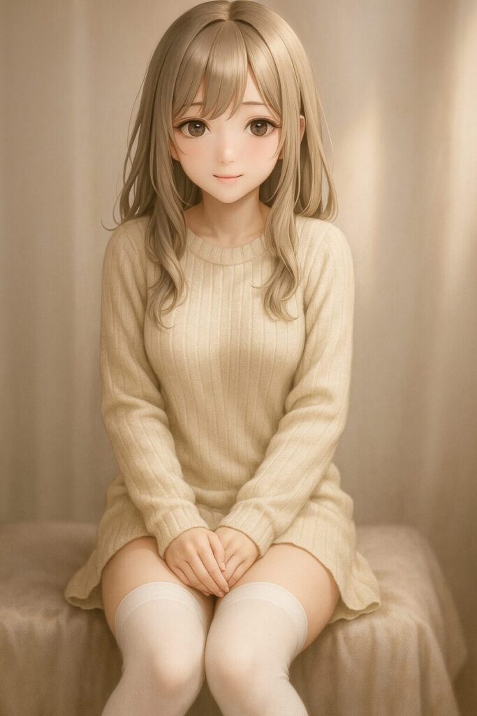 白ニーハイのミリアがニットワンピで座り、内股で膝をそろえた清楚な構図。 Miria in white thigh highs and a knit dress sitting with inward knees in a soft, modest pose.