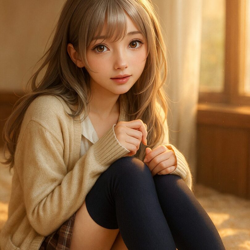 紺ニーハイのミリアが秋色スカートとカーディガンで座る、ガーリーで温かい構図。 Miria in navy thigh highs wearing an autumn skirt and cardigan, sitting in a warm and girly composition.