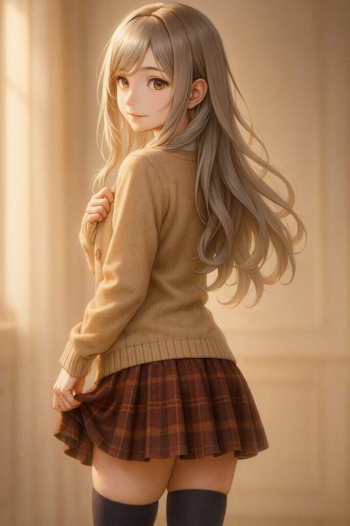 紺ニーハイのミリアが秋コーデで立ち、肩越しに振り返る構図。スカートのfoldが後ろへ流れる。 Miria standing in navy thigh highs with an autumn outfit, turning back over her shoulder with flowing skirt folds.