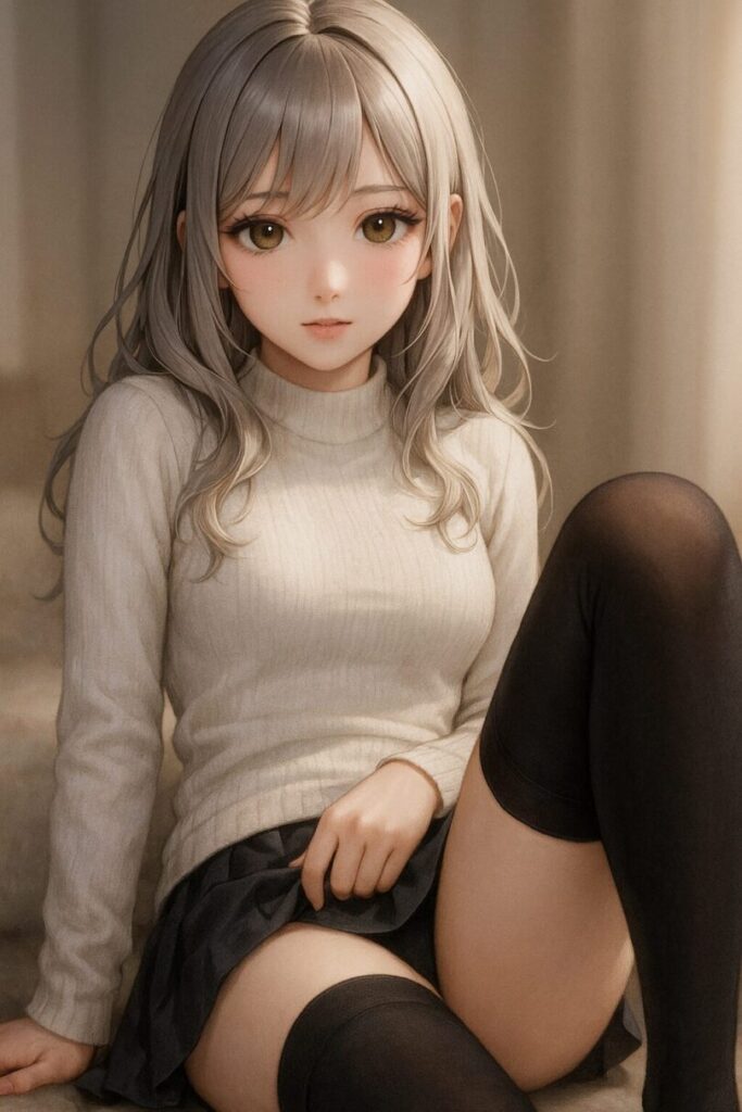 ミリアが黒ニーハイを履き、膝を立てて座る姿。絶対領域が中央に映える縦長構図。 Miria sitting with one knee raised in black thigh highs, the absolute territory centered in a vertical frame.