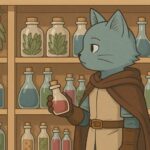 薬草やポーションの棚が並ぶアイテムショップで装備を選ぶ猫獣人キャラクター・ブレイブ